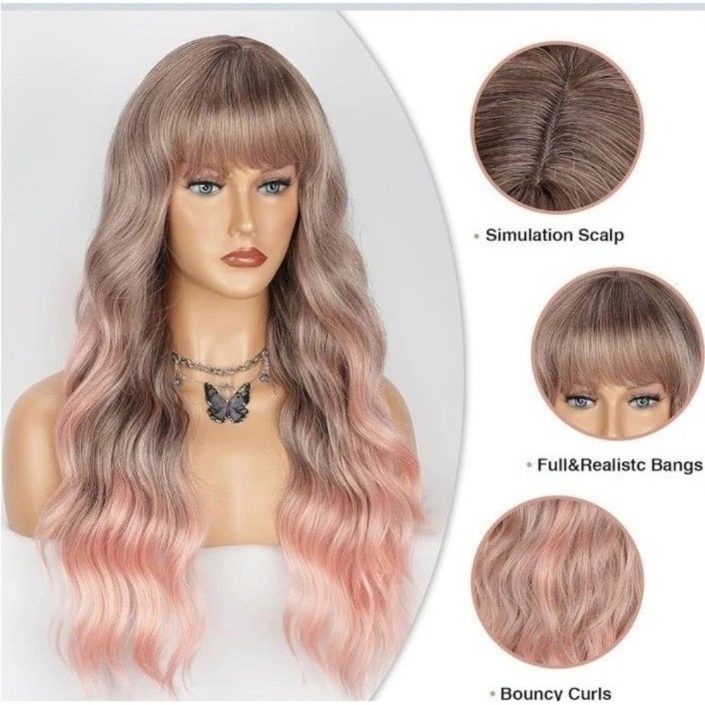 Omelpis Short Khaki Pink Wavy Fashion Wig One Size with Bangs Full and Realistic